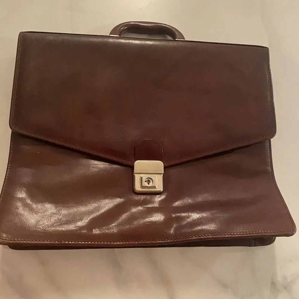 Vintage Briefcase Brown Leather Lock & Zippered Compartment 15.5